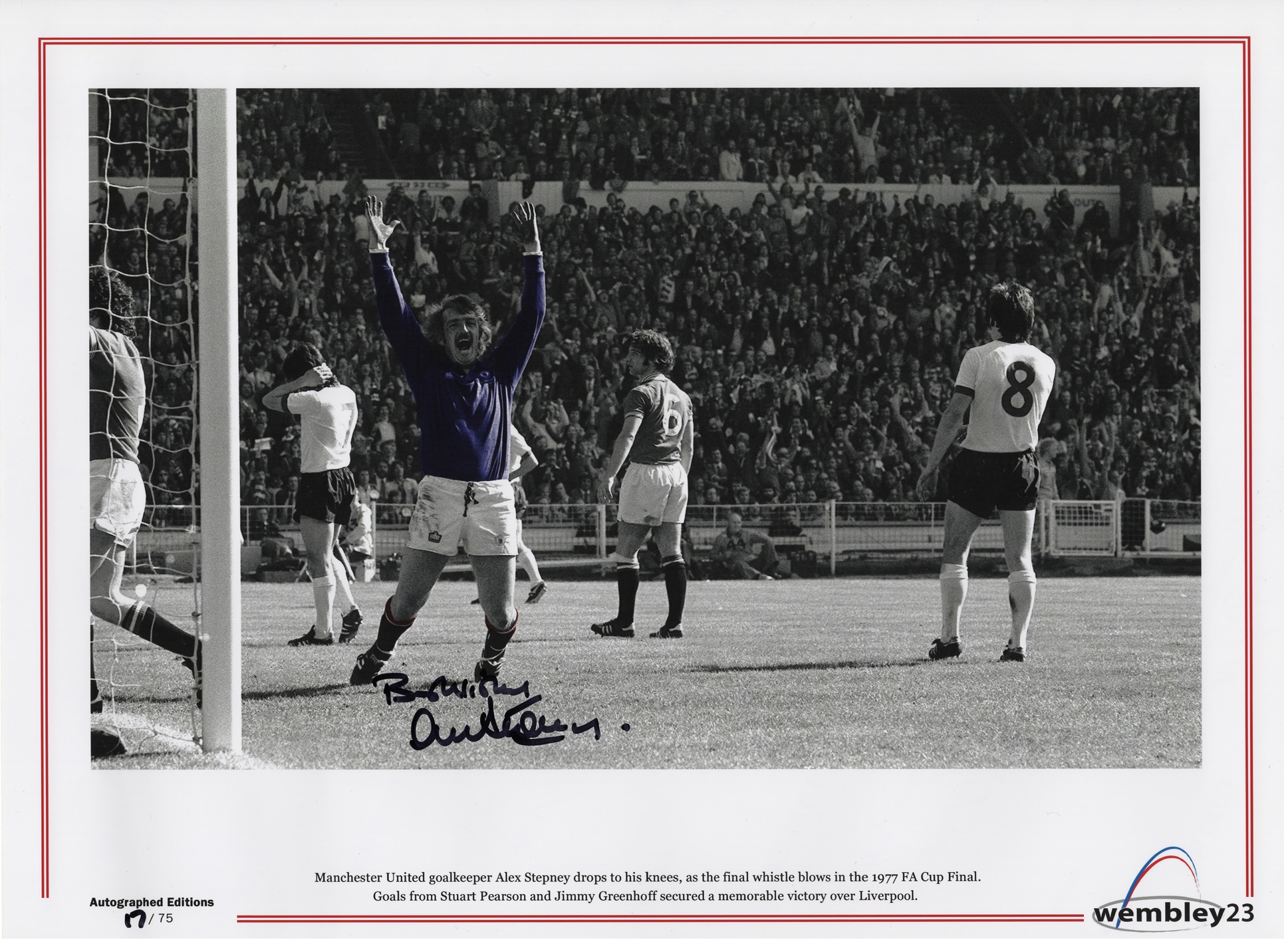 Stunning 16" x 12" photographic print hand signed by Alex Stepney with a name dedication of your choice.  The image features an emotional Alex Stepney as he drops to his knees on the final whistle of the 1977 FA Cup Final win over Liverpool.